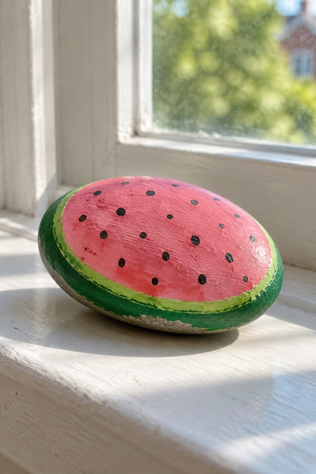 Watermelon-painted oval rock on sunlit white windowsill with green rind and seeds