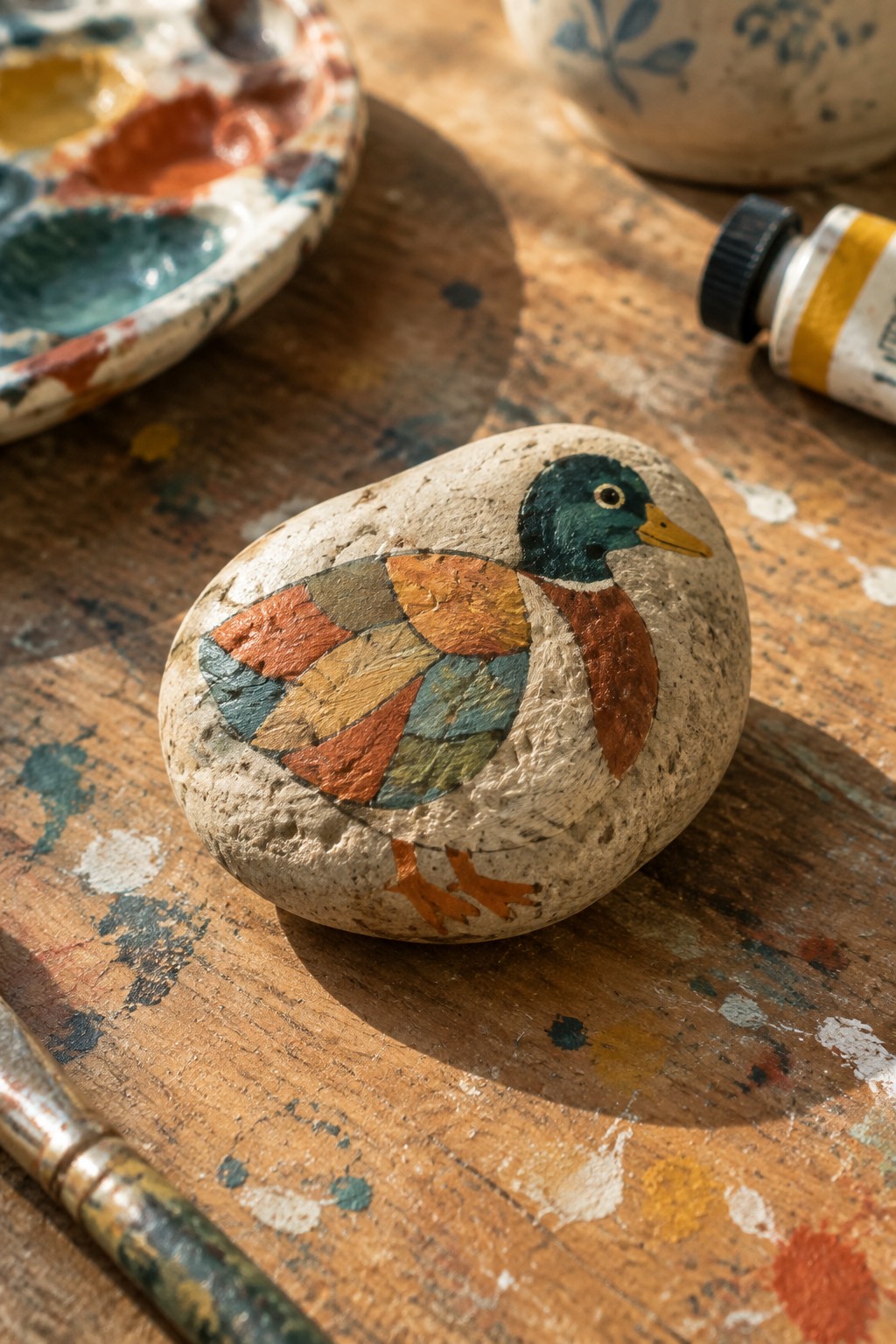 Painted stone duck with colorful patchwork wings on wooden table amid art supplies