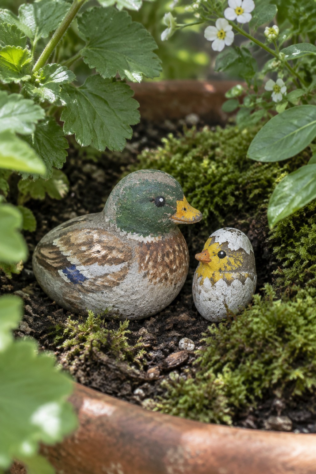 Painted rocks as mallard duck and hatching duckling amid garden moss