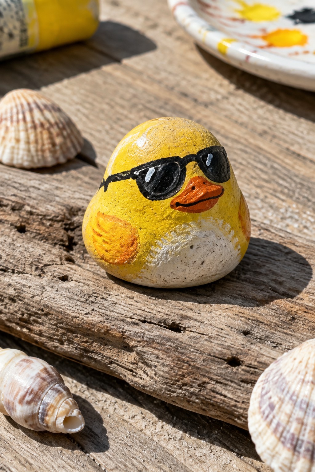 Yellow painted rock duck with sunglasses on weathered wood amid seashells