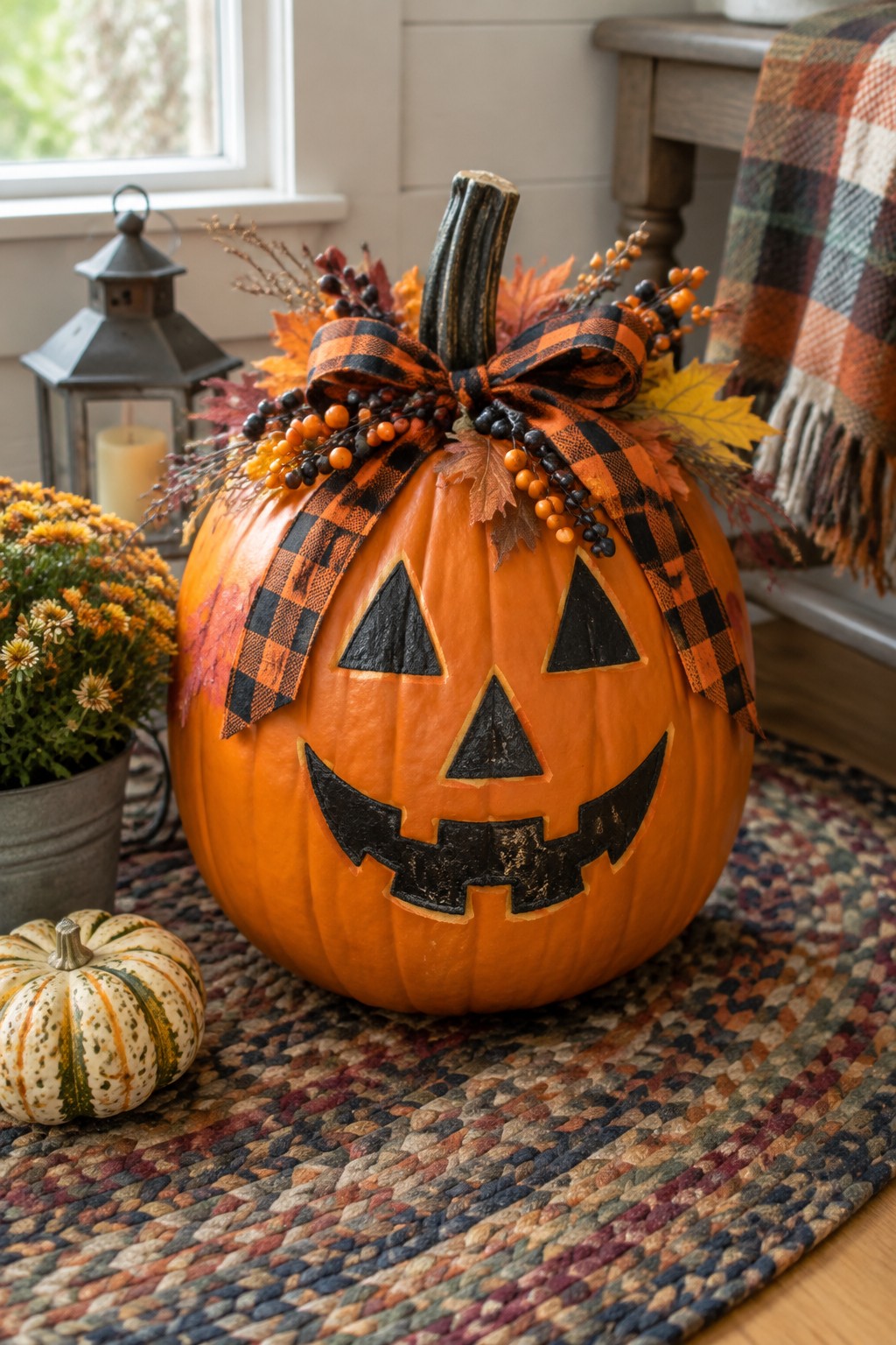 Large orange pumpkin with a carved smiling face, black and orange plaid bow, and autumn accents sitting on a braided rug indoors.