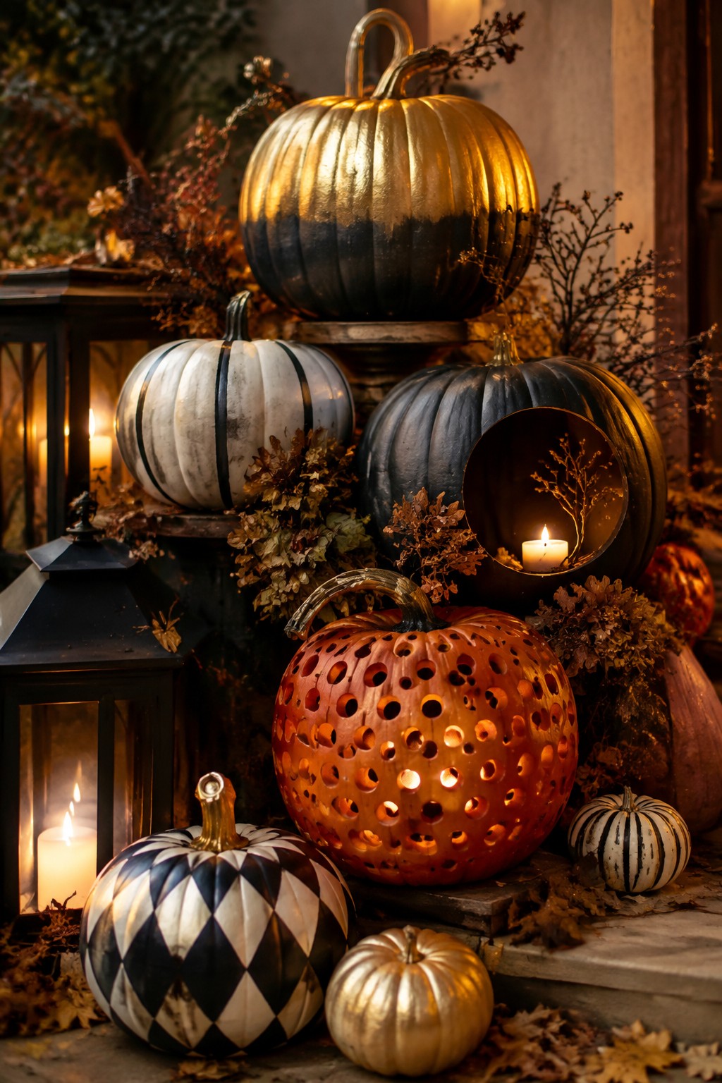 Several carved and painted pumpkins grouped on porch steps, including one with many small circular holes lit from within and another with a side opening that shows a candle.