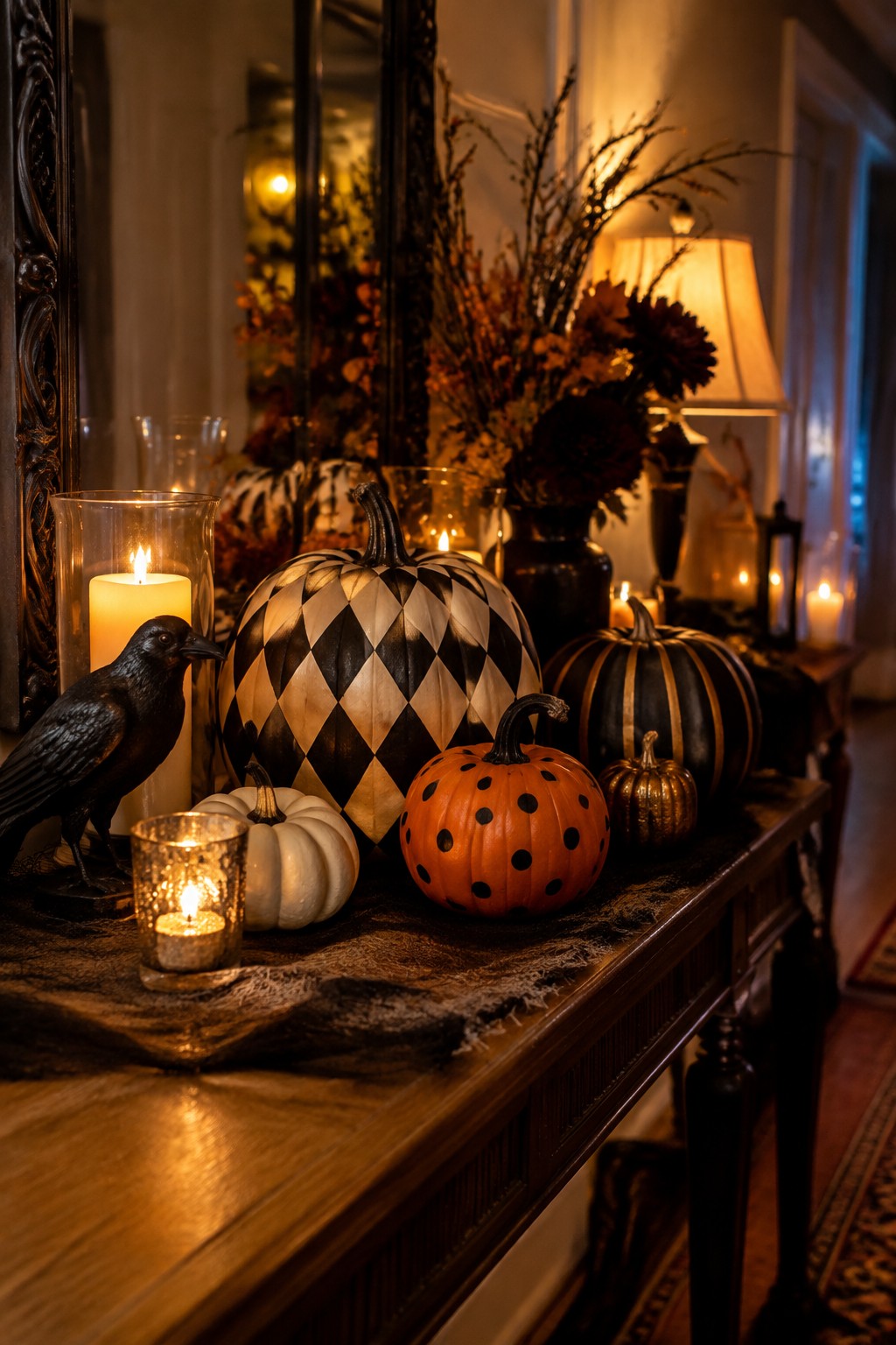 Console table with several pumpkins featuring black and white harlequin, orange polka dot, and solid white patterns arranged with candles and a small crow statue.