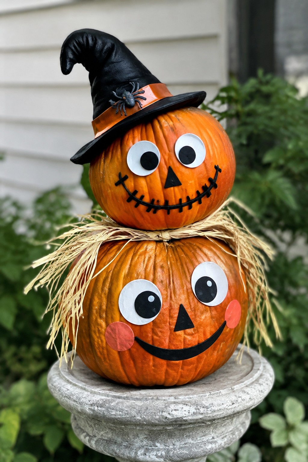 Two stacked orange pumpkins with large cartoon eyes, black triangle noses, and smiling mouths sit on a stone pedestal, the top one wearing a black witch hat with a small spider.