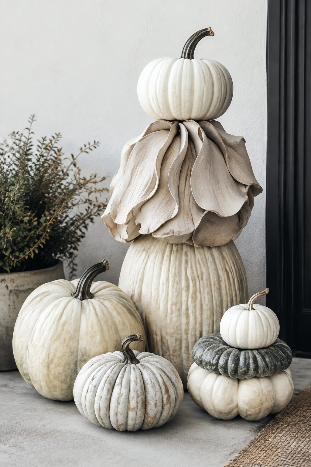 Neutral white and beige pumpkins stacked into a tall tower with a ruffled layer around the middle and smaller pumpkins clustered at the base.