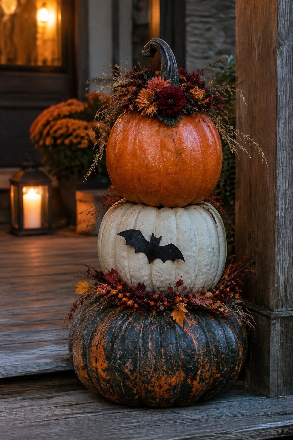 Stacked orange, white, and mottled green pumpkins with bat and autumn florals on porch