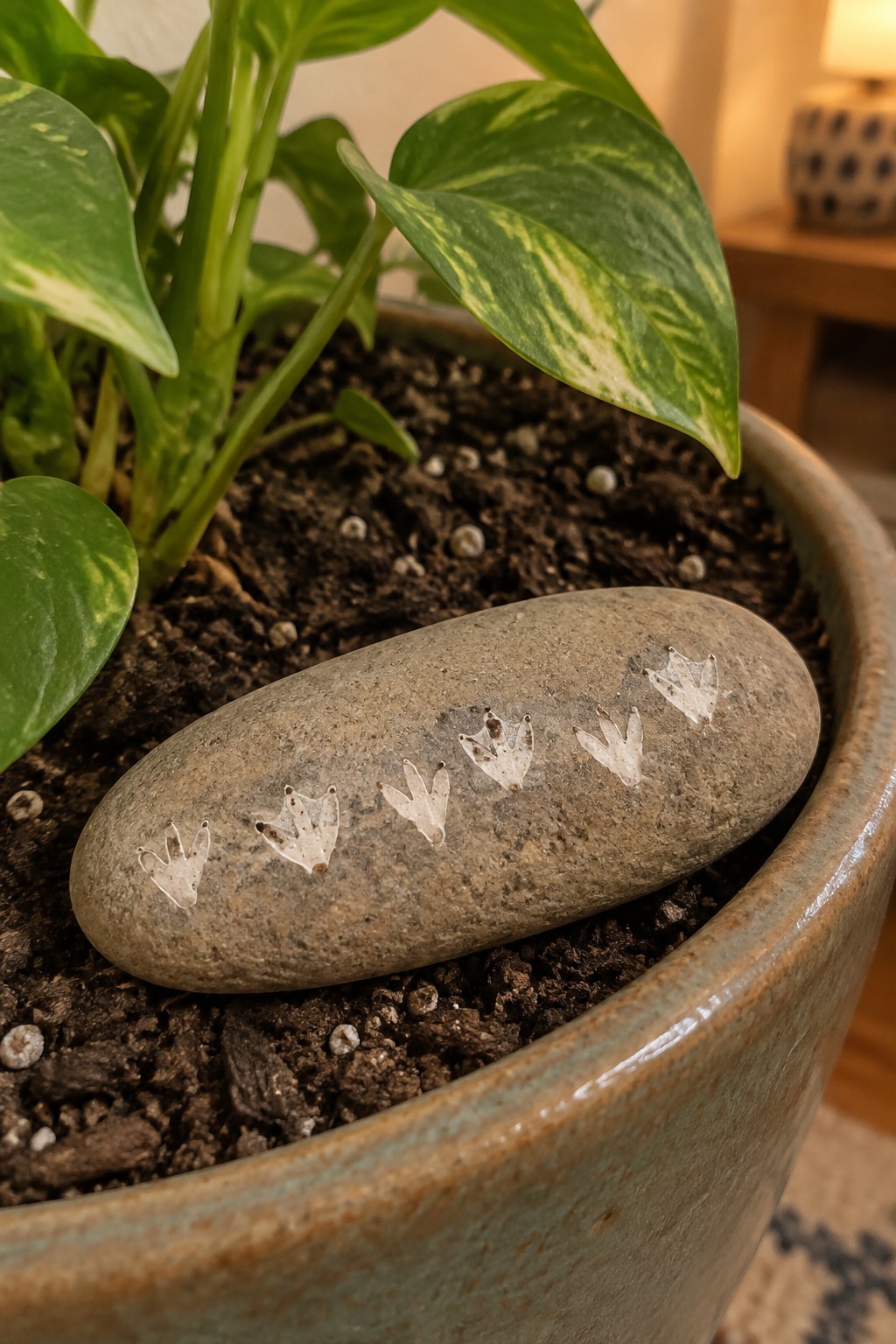 Gray stone with white bird footprints rests in potted plant soil