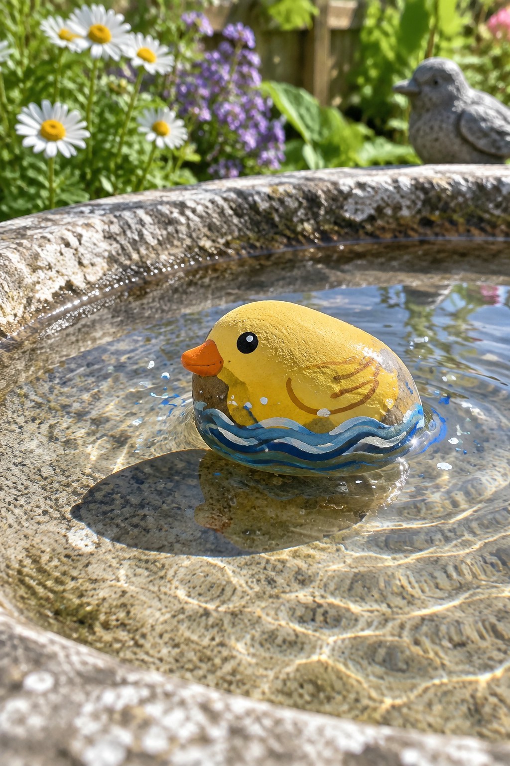 Yellow duck rock with blue waves floating in stone garden birdbath