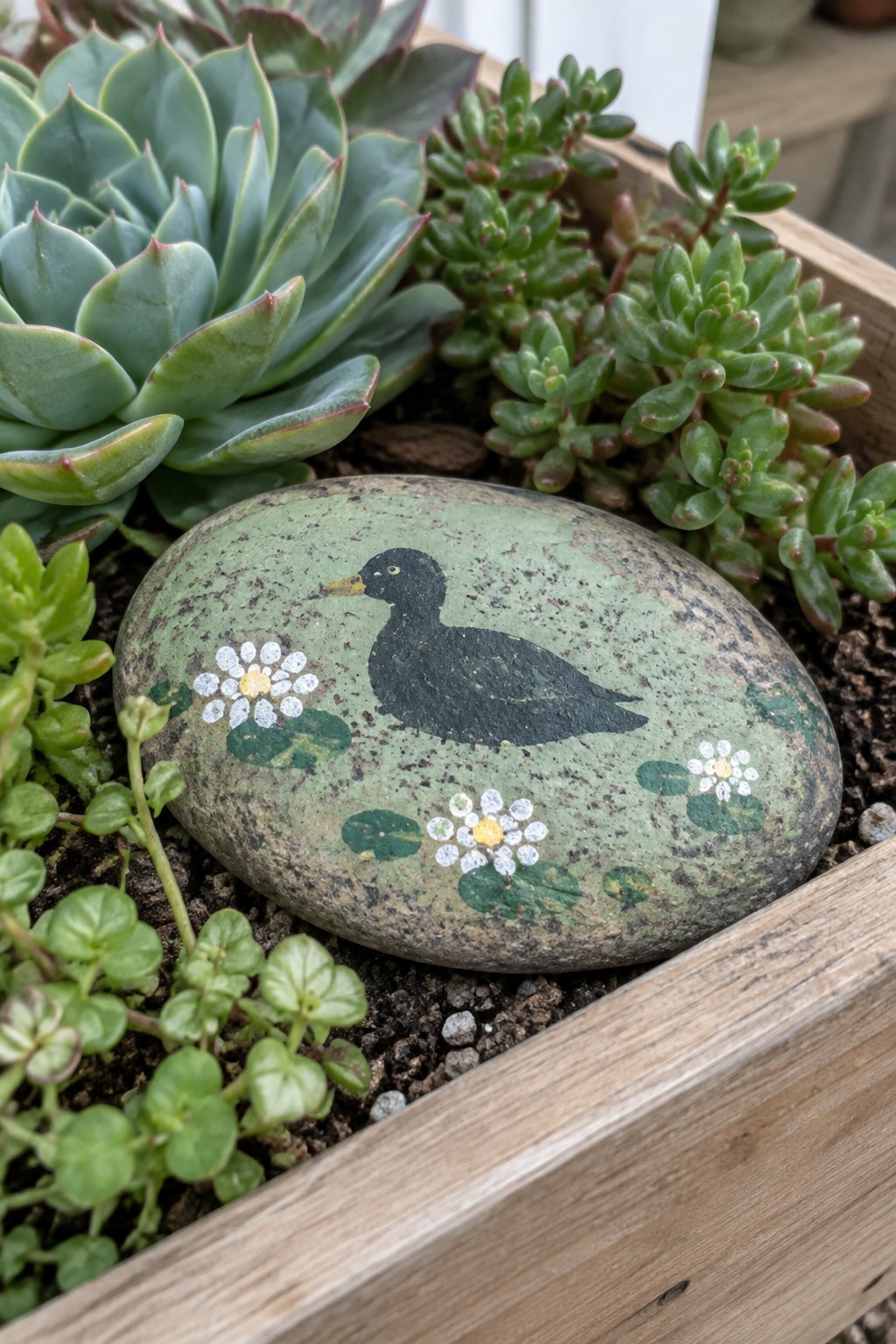 Green painted rock with black duck and white flowers among succulents in wooden box