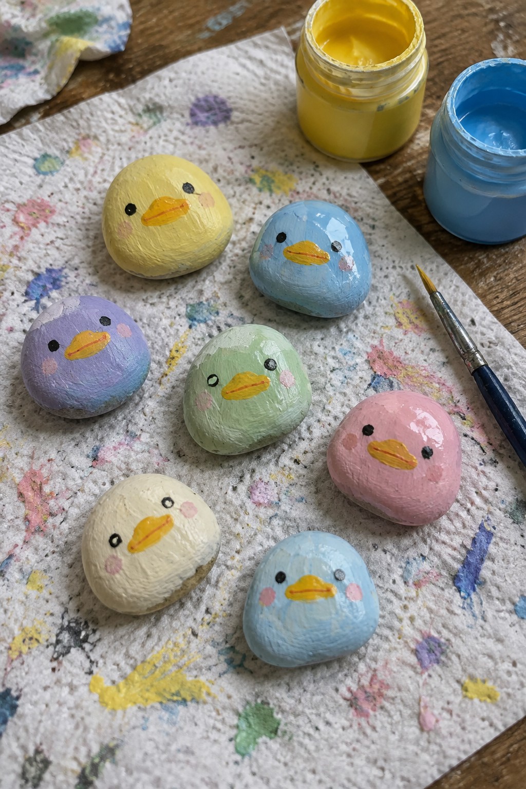 Seven small pebbles painted with pastel duck faces sit on a paint-splattered paper towel next to open jars of yellow and blue paint and a small brush.