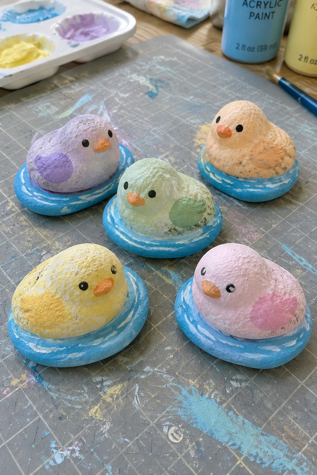 Five colorful duck-shaped rocks with blue bases on a paint-splattered mat.