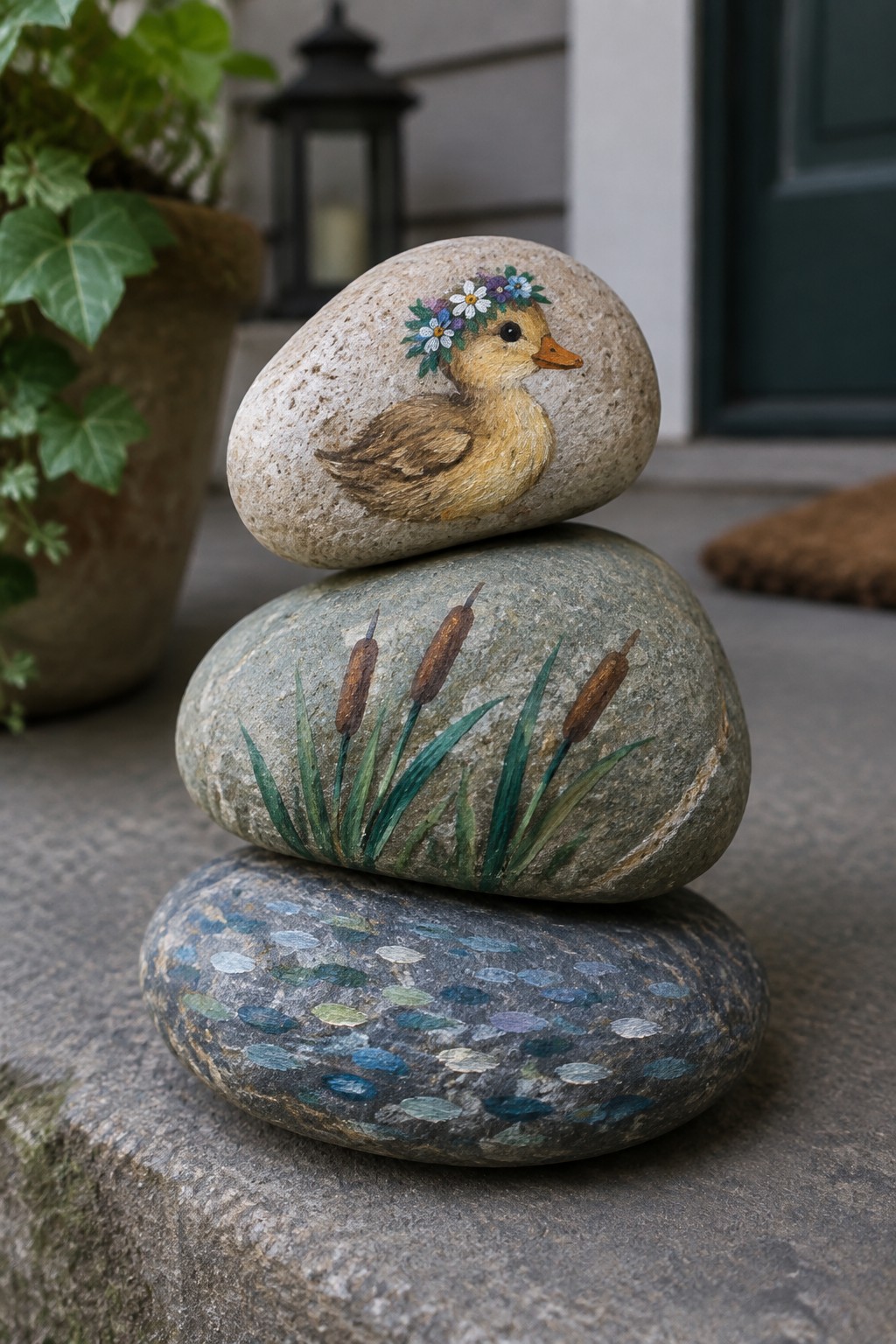 Stacked painted rocks: duckling with flower crown, cattails, and fish scales.