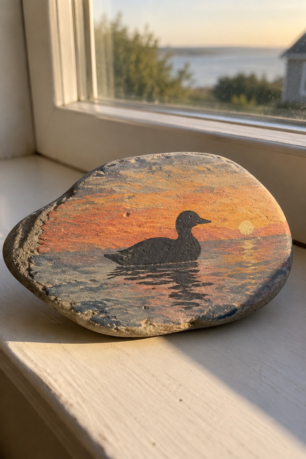 A flat stone painted with an orange sunset, black duck silhouette, and water reflections sits on a white windowsill.