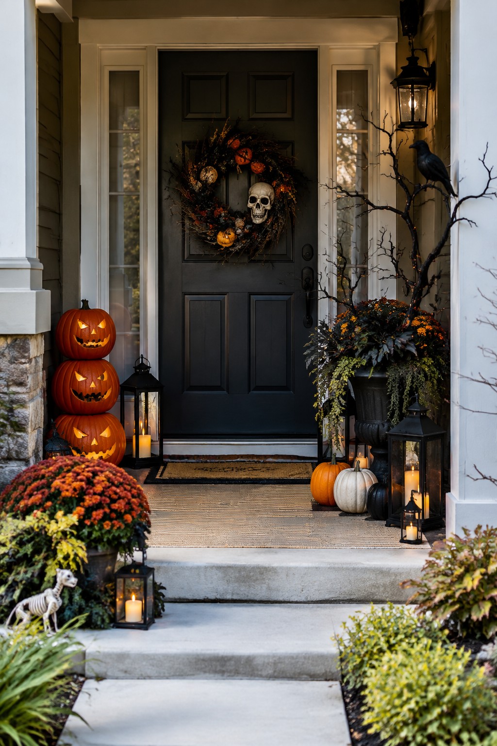 Front porch with a black door featuring a large wreath centered on a skull, stacked carved pumpkins to the left, and lanterns with small pumpkins along the steps.
