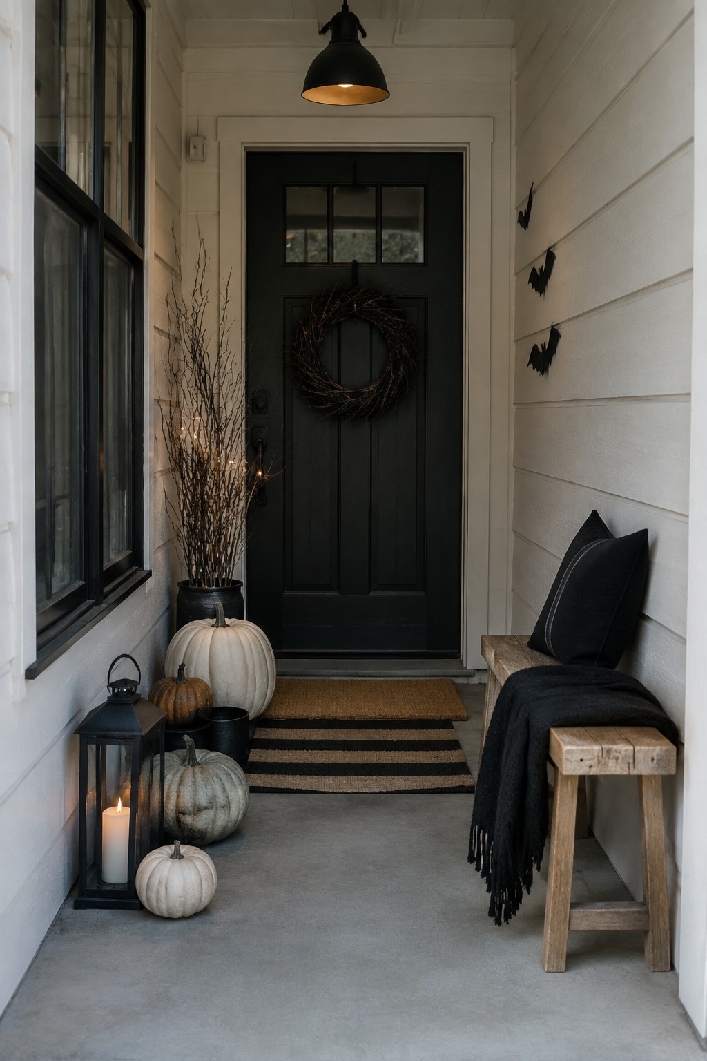 Front porch with black bats mounted on the wall beside a wooden bench, black door, and pumpkins.