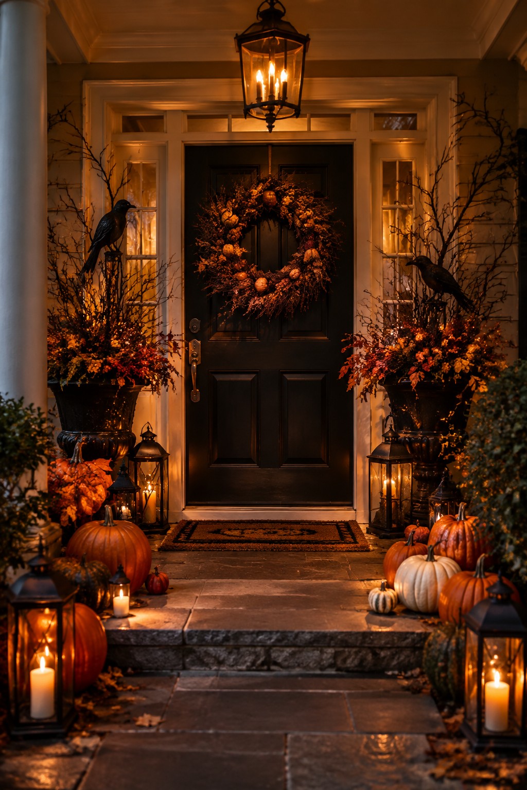 Front porch with a black door featuring a large pumpkin wreath, black crows on branches in urns, glowing lanterns, and scattered pumpkins on the steps.