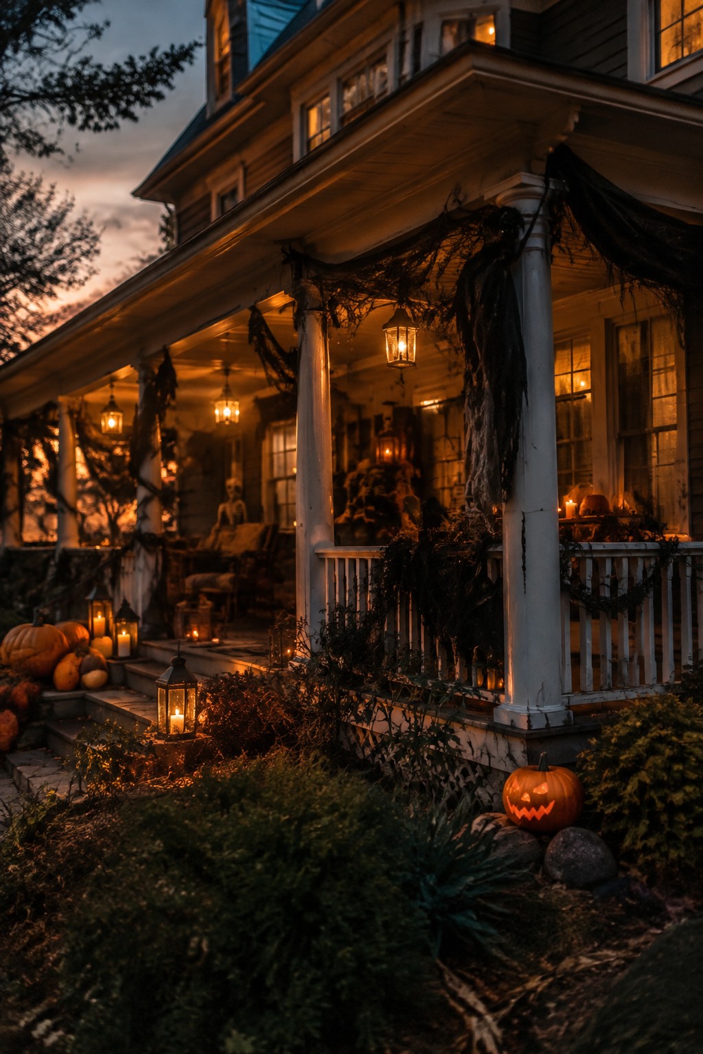 Front porch with black fabric draped over white columns, cobweb garlands, glowing lanterns, and a carved jack-o'-lantern on the ground.