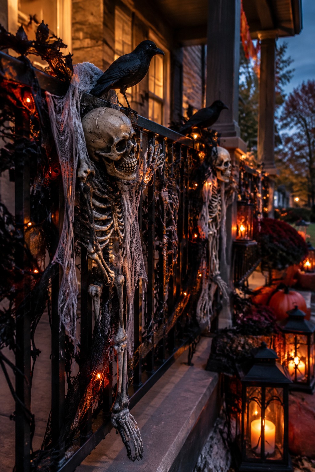Skeletons and crows adorn a porch railing with spiderwebs, lights, and glowing lanterns.