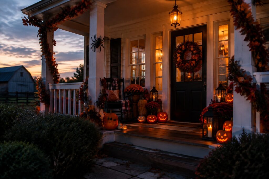 Front porch steps lined with carved jack-o'-lanterns, lanterns, and pumpkins near a dark door.