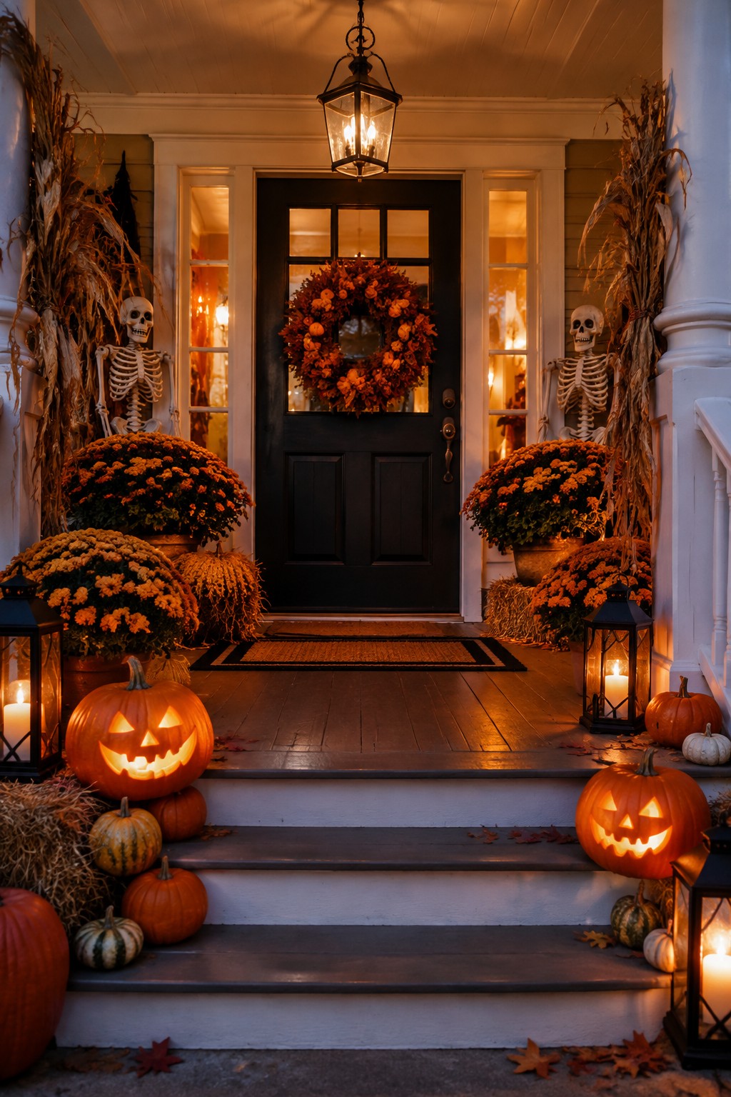 Halloween porch with black door, orange wreath, skeletons, pumpkins, chrysanthemums, and glowing lanterns.