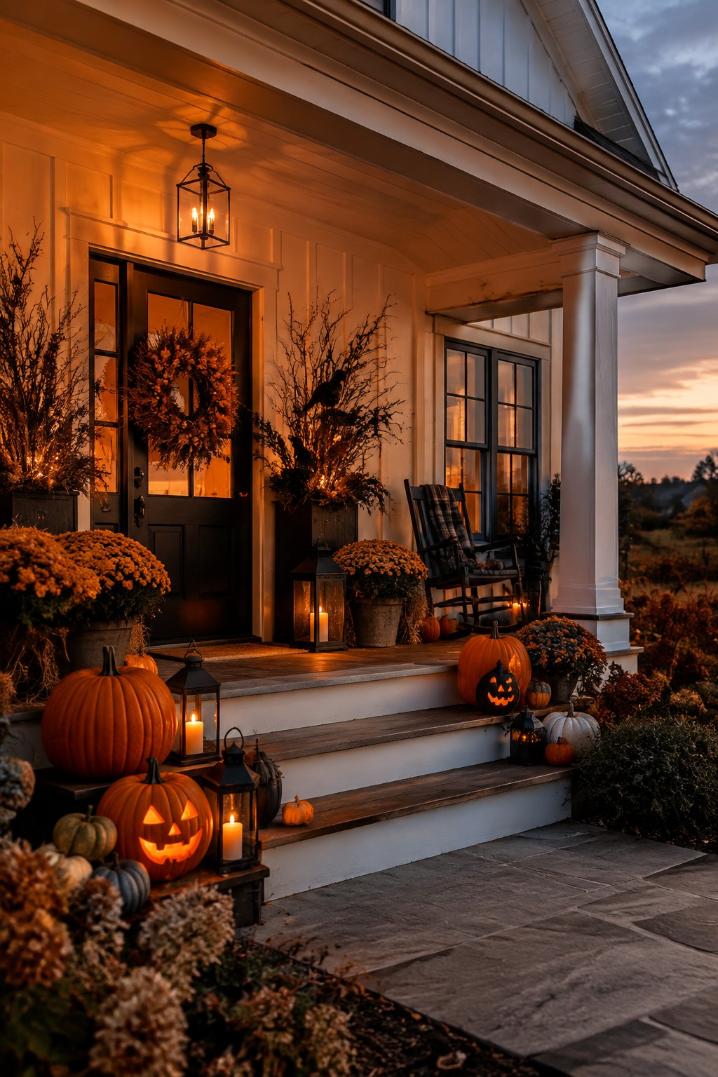 Front porch steps lined with carved jack-o'-lanterns, lanterns, and pumpkins near a dark door.