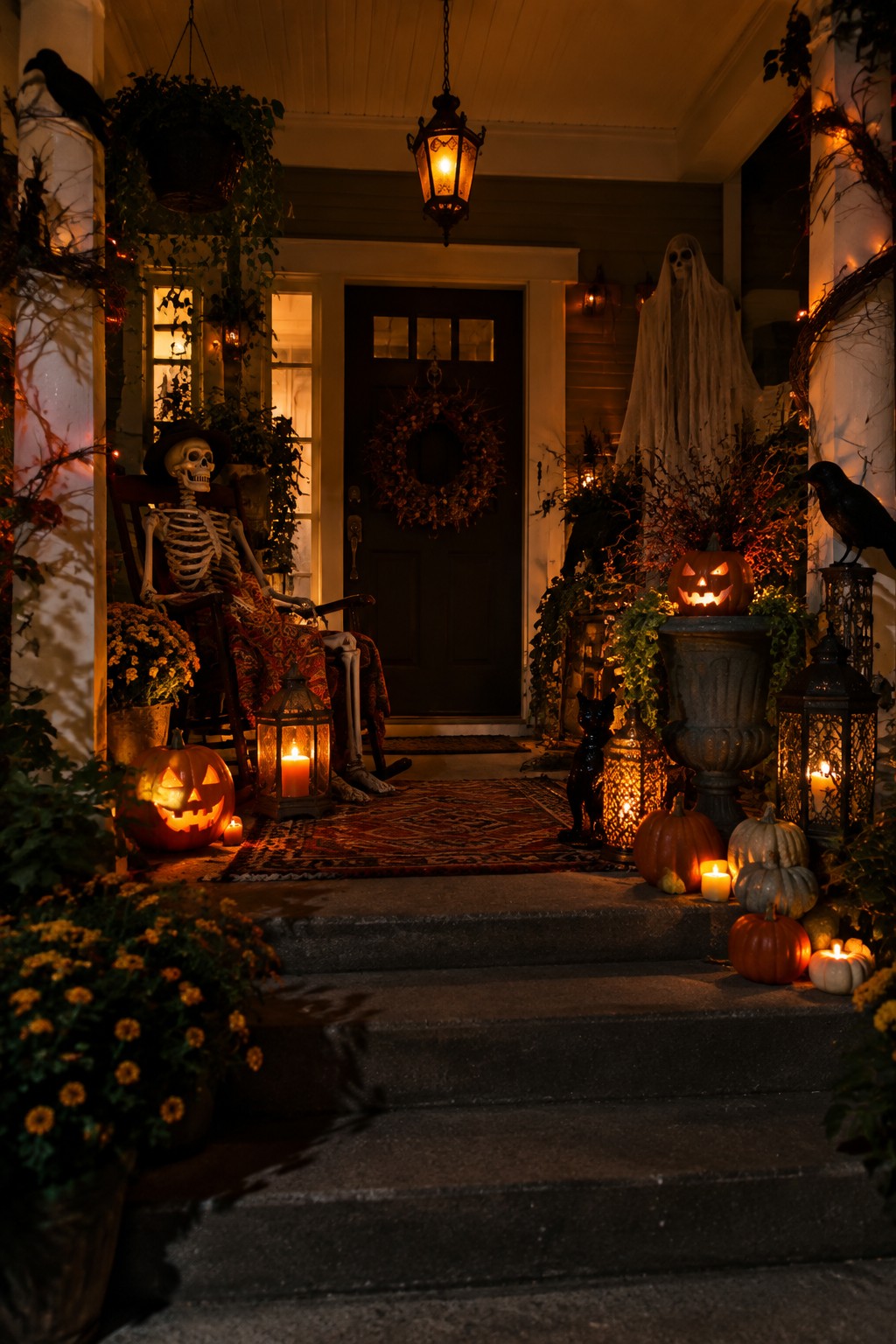 Front porch with a skeleton seated in a rocking chair, carved pumpkins, lanterns, and a ghost figure near the door.