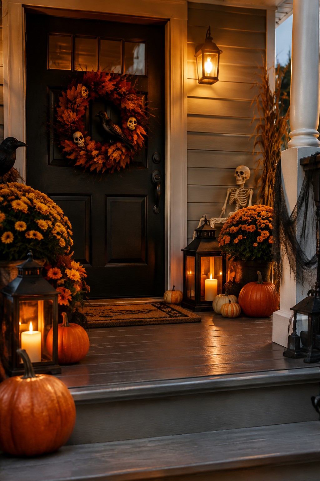 Front porch with a skeleton seated beside a black door, a wreath with skulls and a crow, pumpkins, and lanterns.