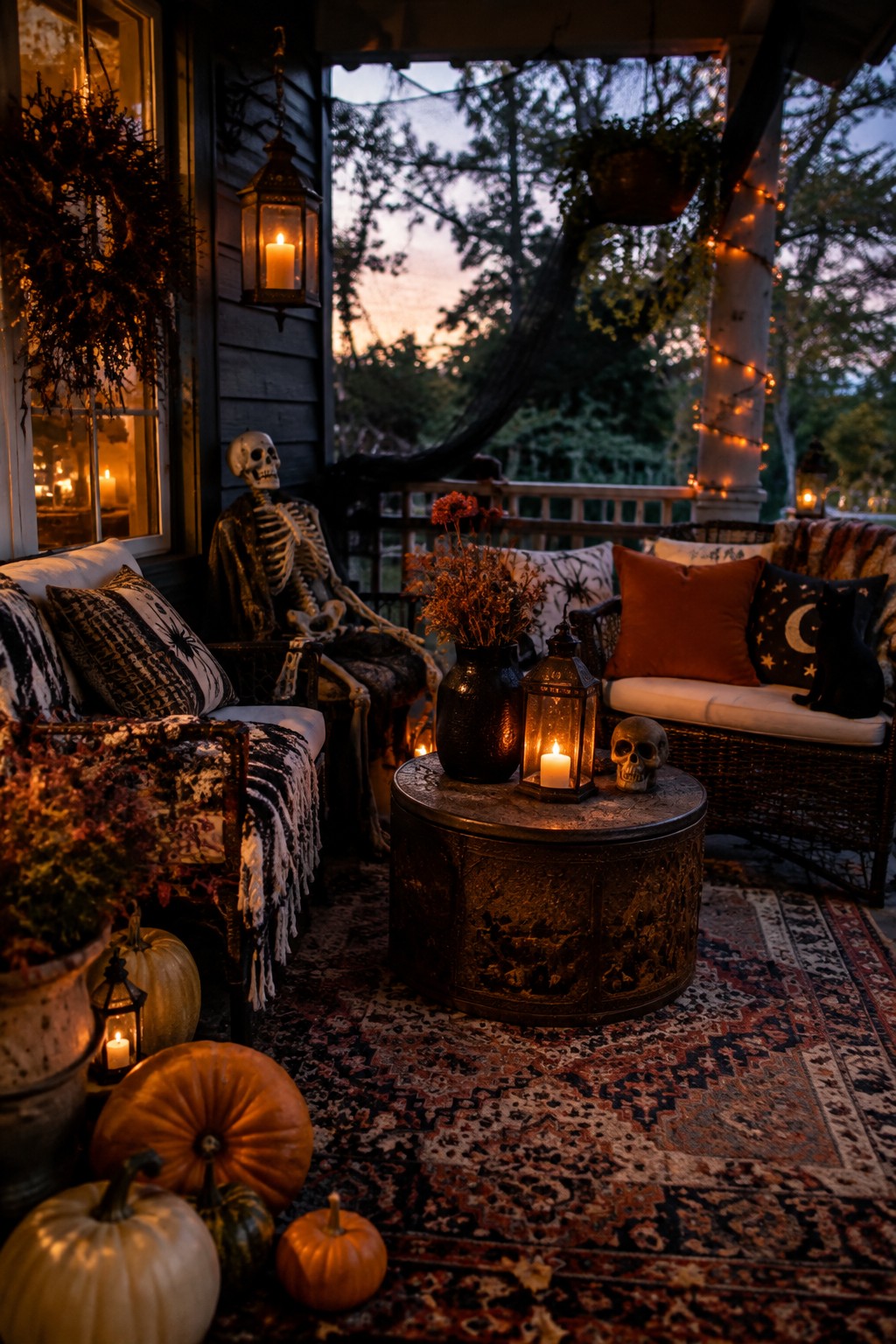 Halloween porch with skeleton, glowing lanterns, pumpkins, black cat, and cozy pillows at dusk