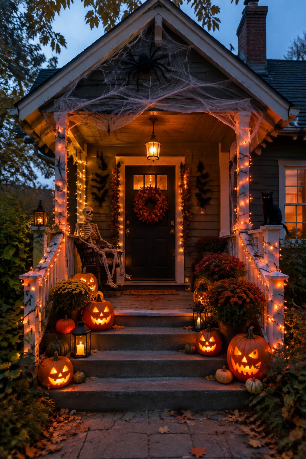 Front porch decorated with a seated skeleton, carved jack o' lanterns, spiderwebs, and string lights around the entry.