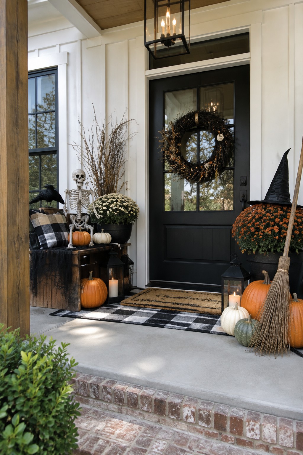 Front porch featuring a skeleton seated on a wooden crate beside a black door, with pumpkins, lanterns, and a witch broom nearby.