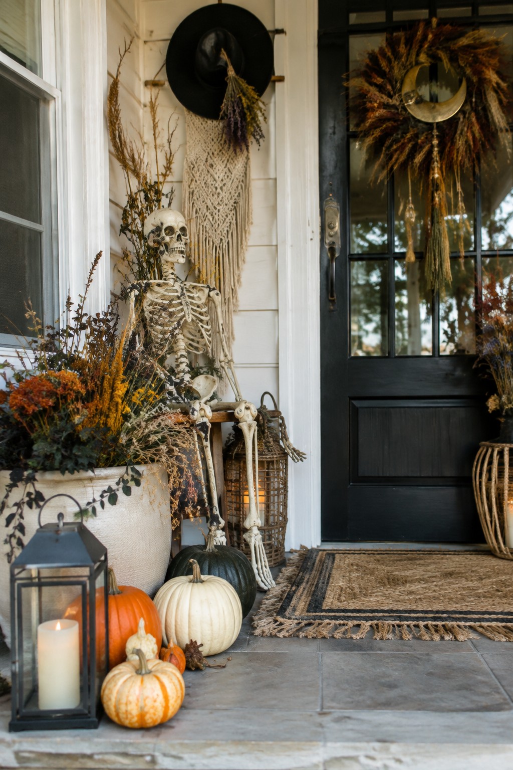 A skeleton posed sitting on a porch beside a black front door with pumpkins and lanterns arranged at its feet.