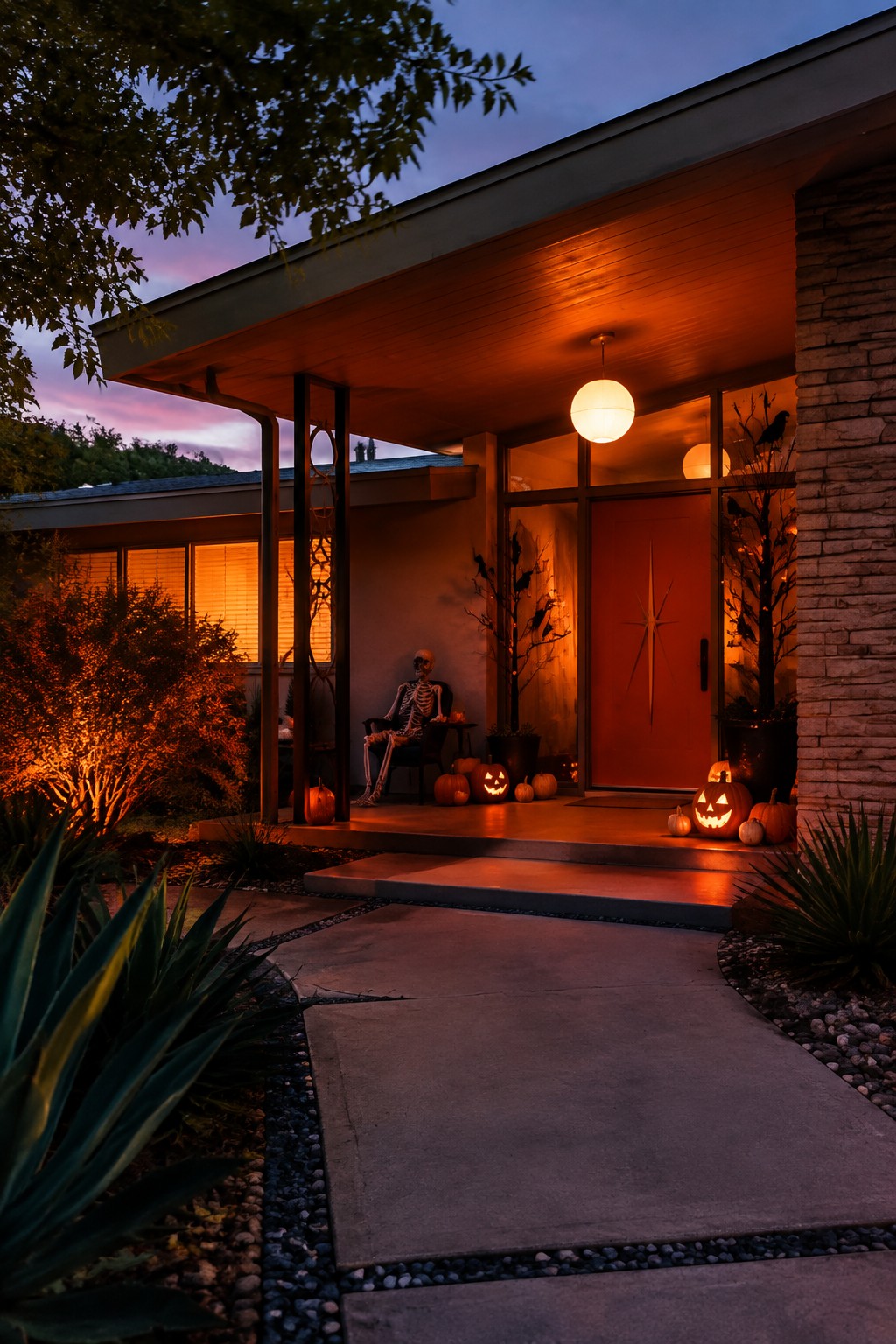 Front porch at dusk with a skeleton seated in a chair, carved jack-o'-lanterns on the steps, and black branches with crows beside a red door.