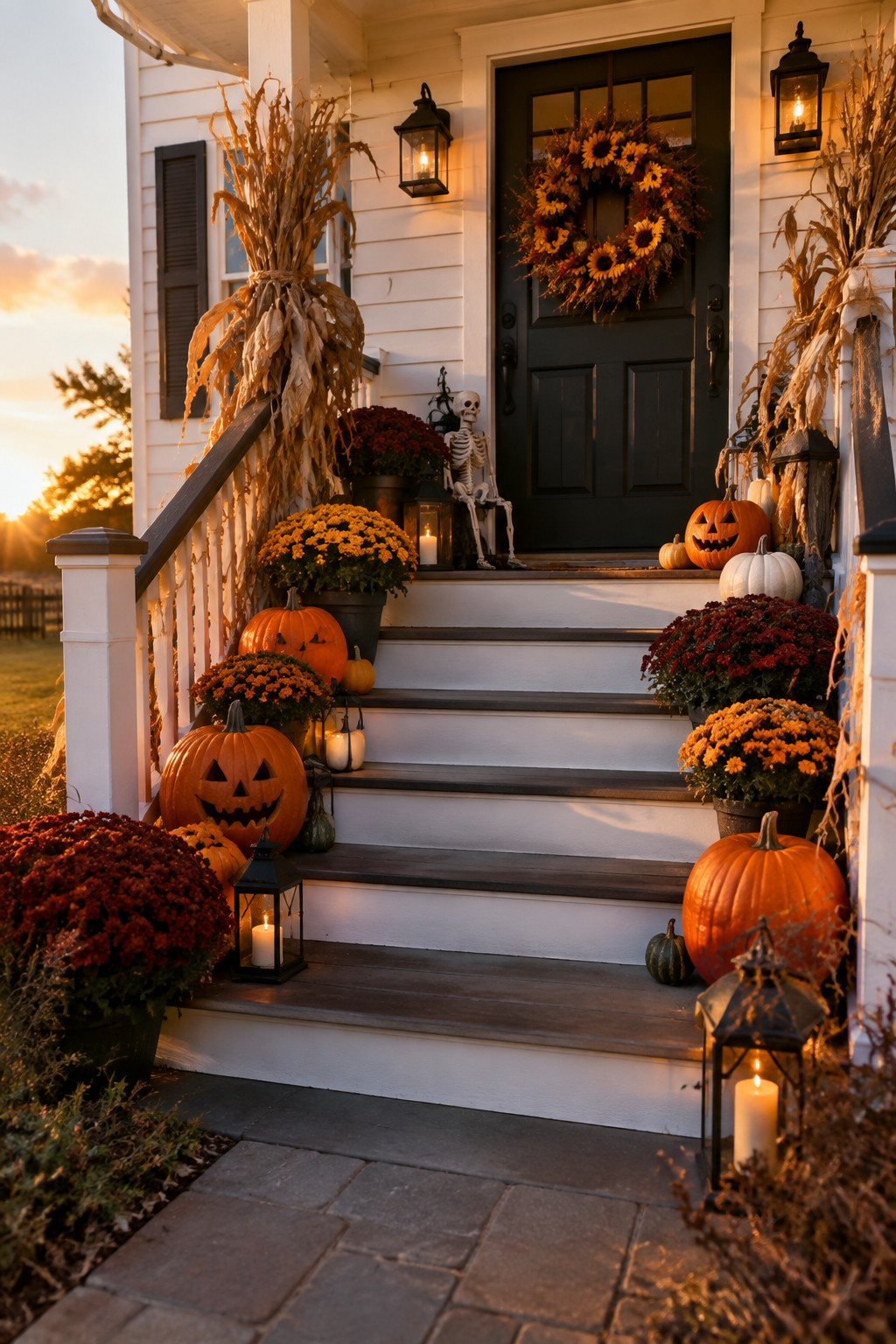 Front porch steps decorated with a seated skeleton, carved pumpkins, lanterns, and potted mums leading to a dark front door with a sunflower wreath.