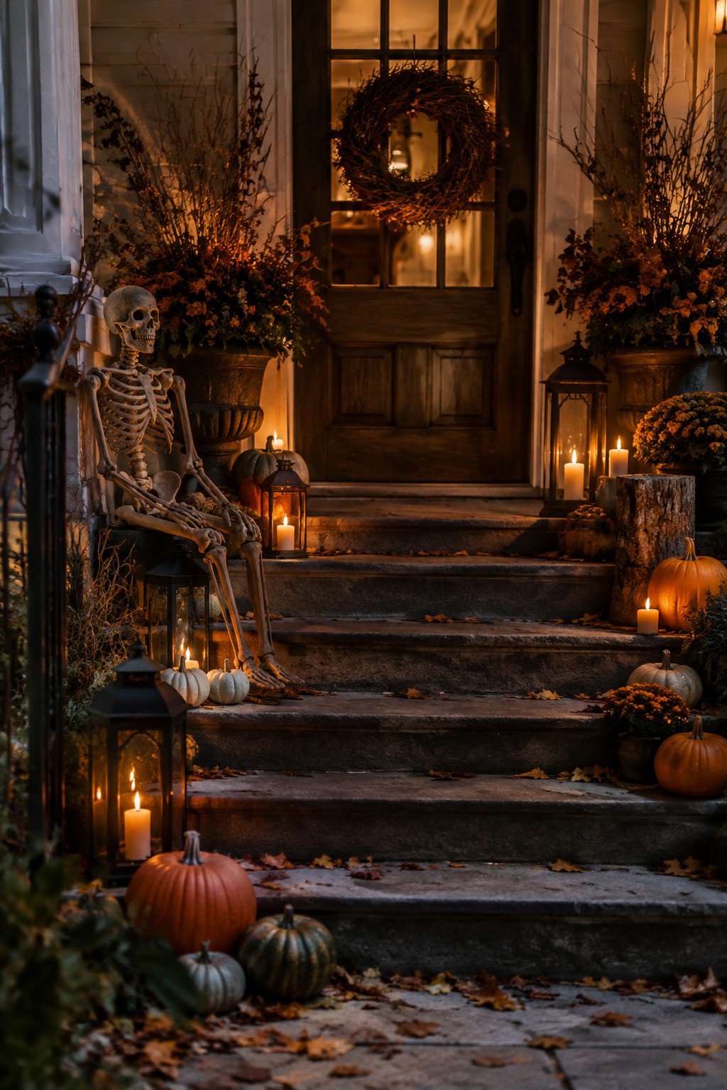 A skeleton decoration sits on the steps of a front porch with lanterns and pumpkins around it leading up to a wooden door with a wreath.