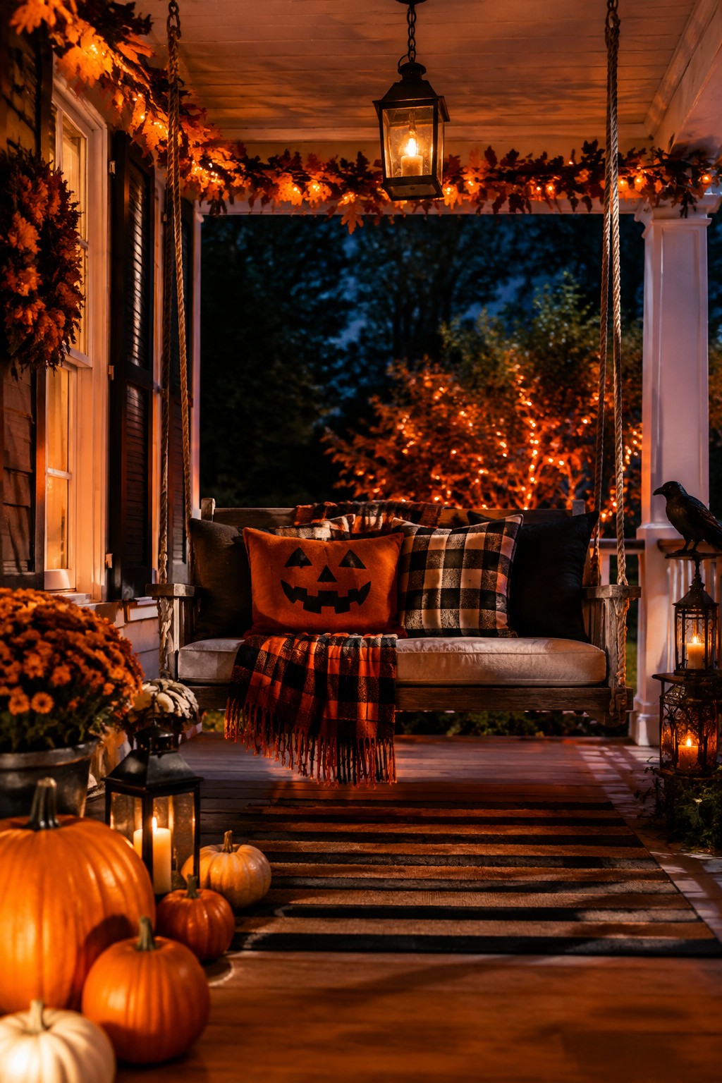 Wooden porch swing with a large jack o lantern pillow, plaid throw, and dark cushions, flanked by lanterns and pumpkins on the floor.