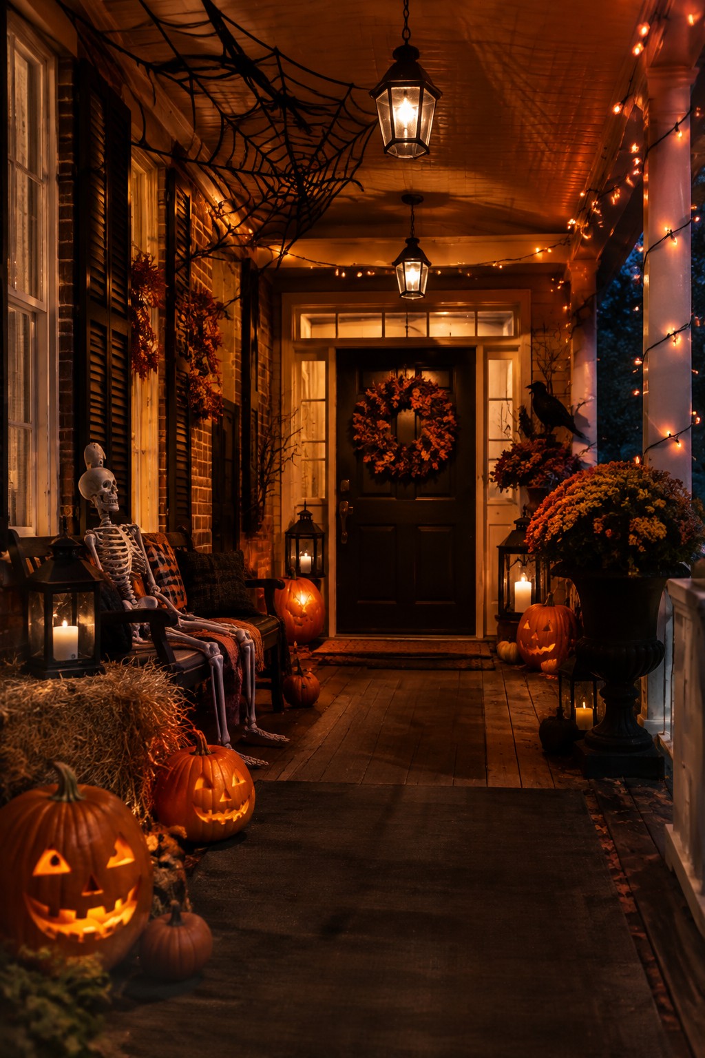 Front porch with a skeleton seated on a wooden bench, surrounded by carved jack-o'-lanterns, spiderwebs overhead, and lanterns with candles.