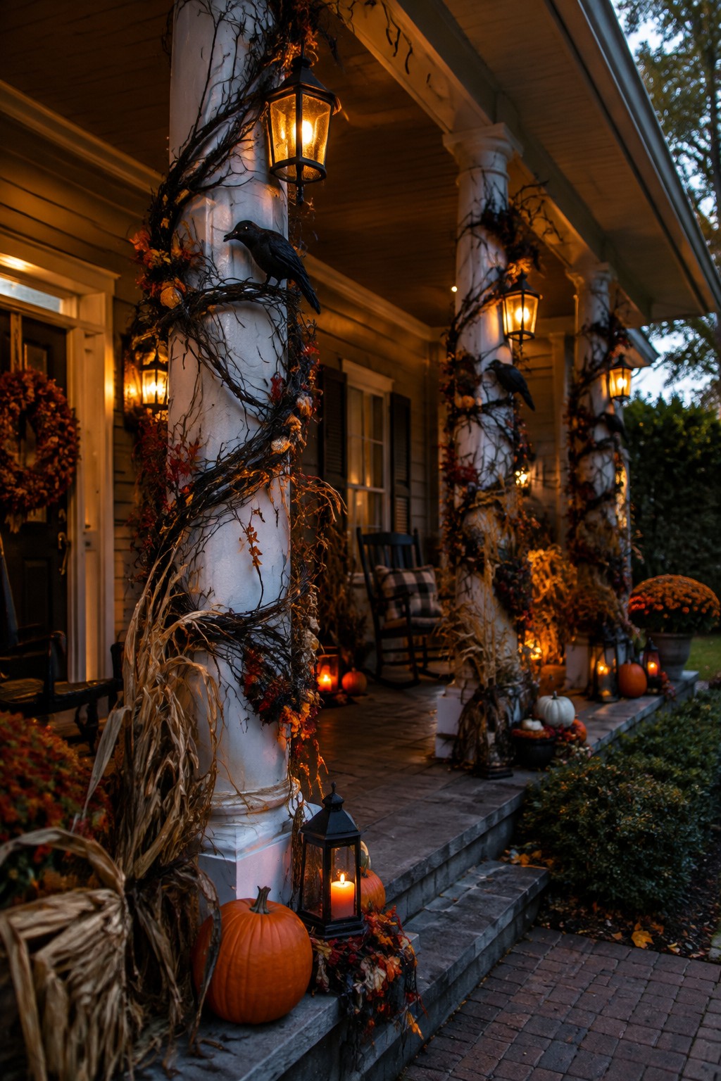 Front porch with white columns wrapped in dark branches and black crows, accented with lanterns and pumpkins.