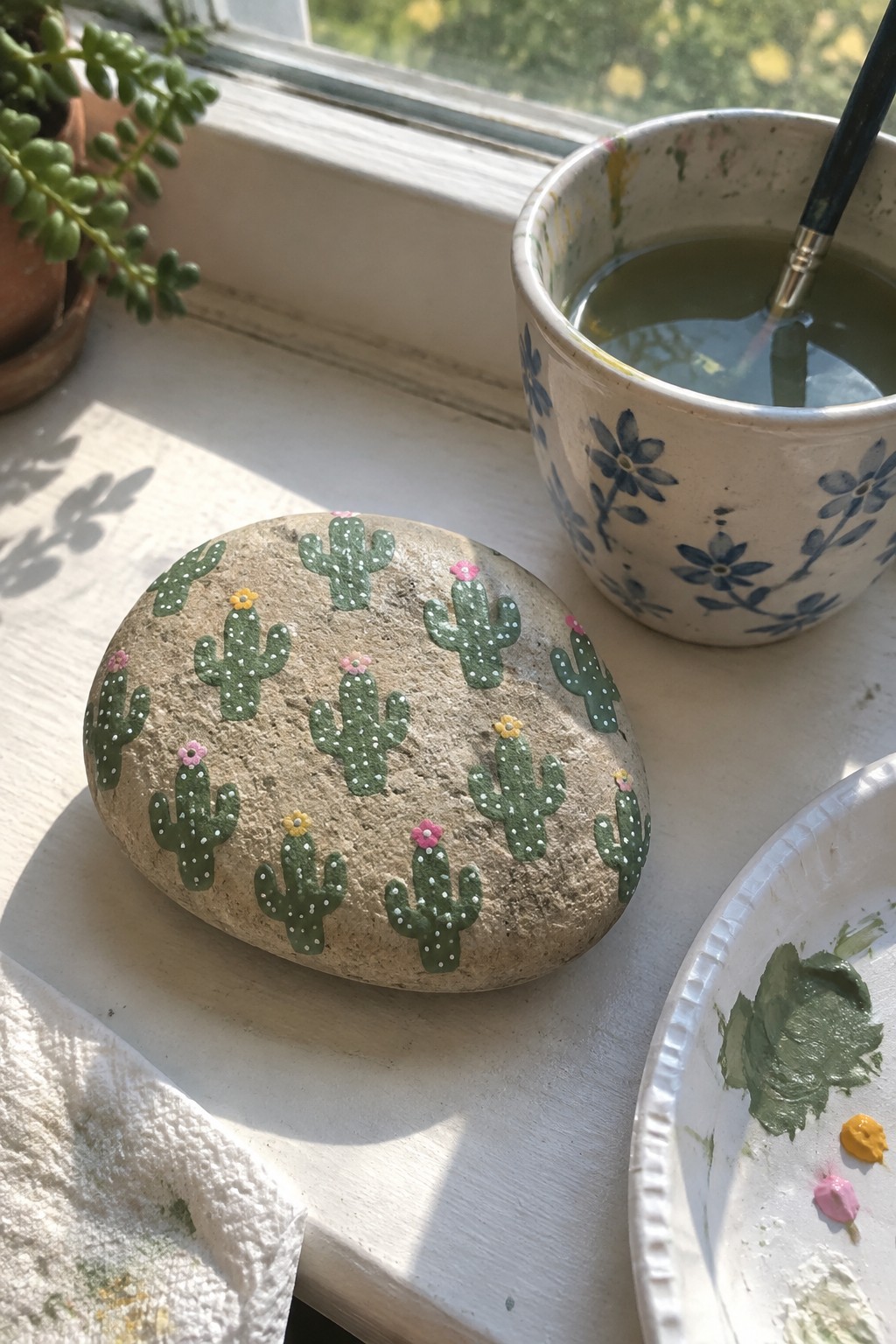 Painted stone with green cacti and flowers beside paint supplies on windowsill