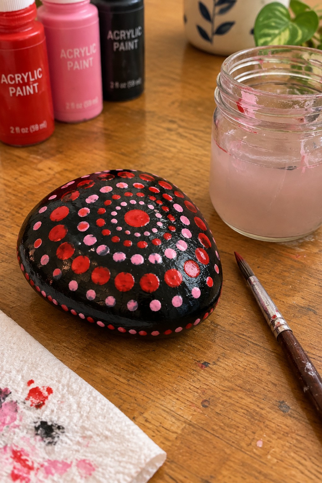 Black stone with red and pink dot patterns beside paints, jar, and brush on wood