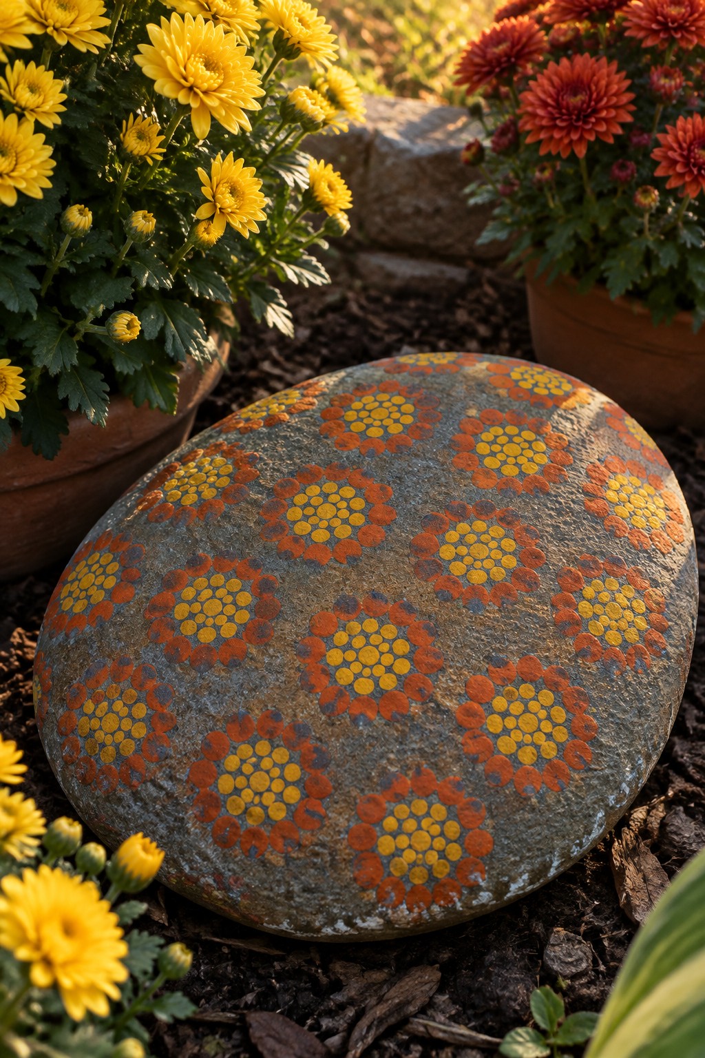 Painted stone with orange and yellow dot patterns amid potted yellow and red flowers