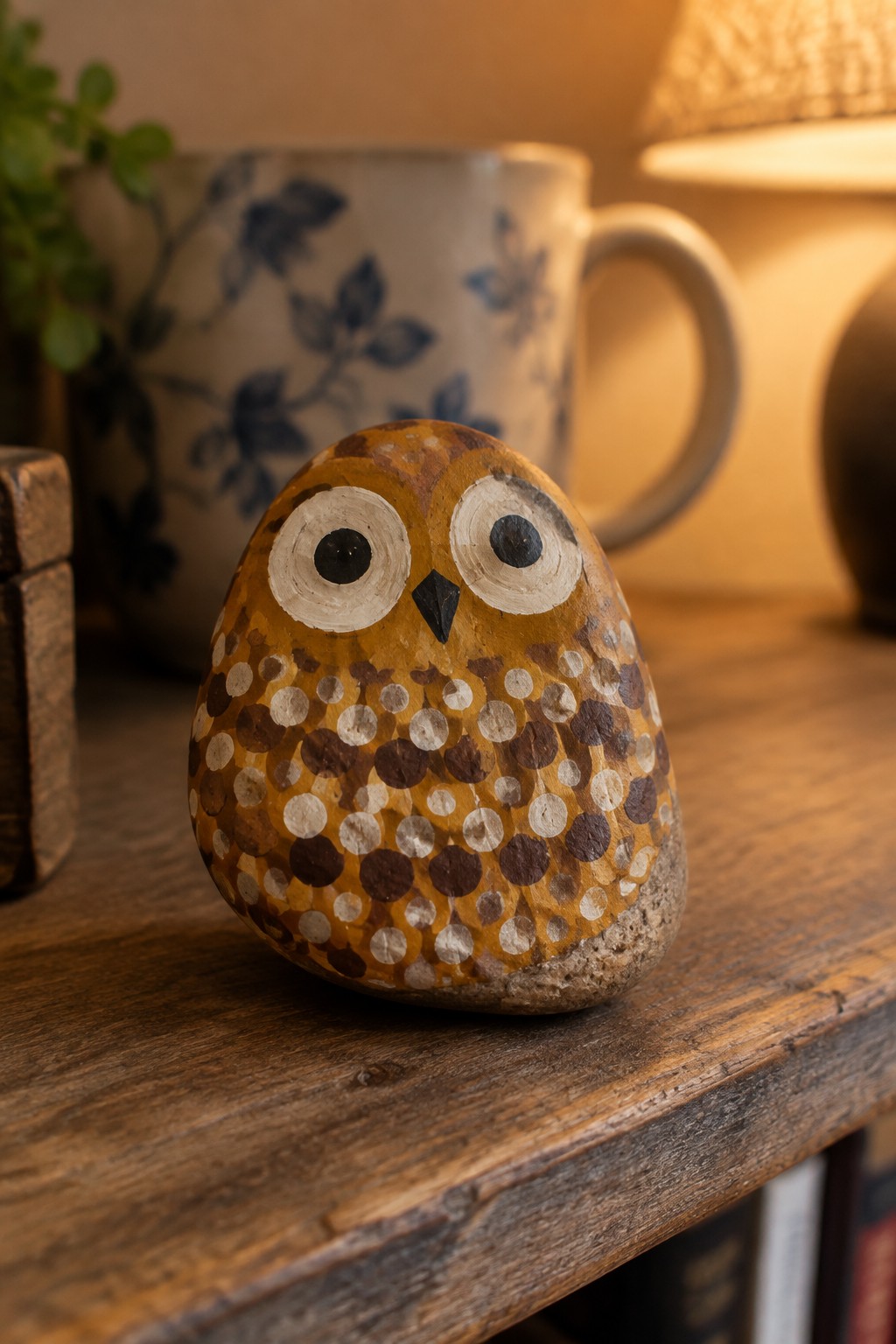 A small oval rock painted as an owl with a body of brown and white dots, large white eyes with black pupils, and a black beak.