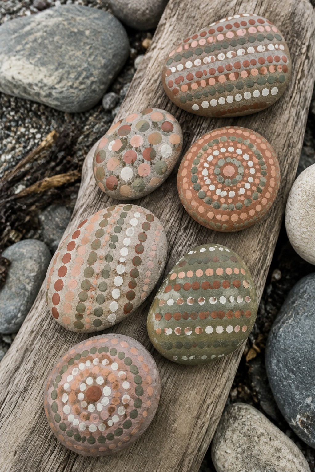 Painted rocks with colorful dot patterns on weathered wood by the shore