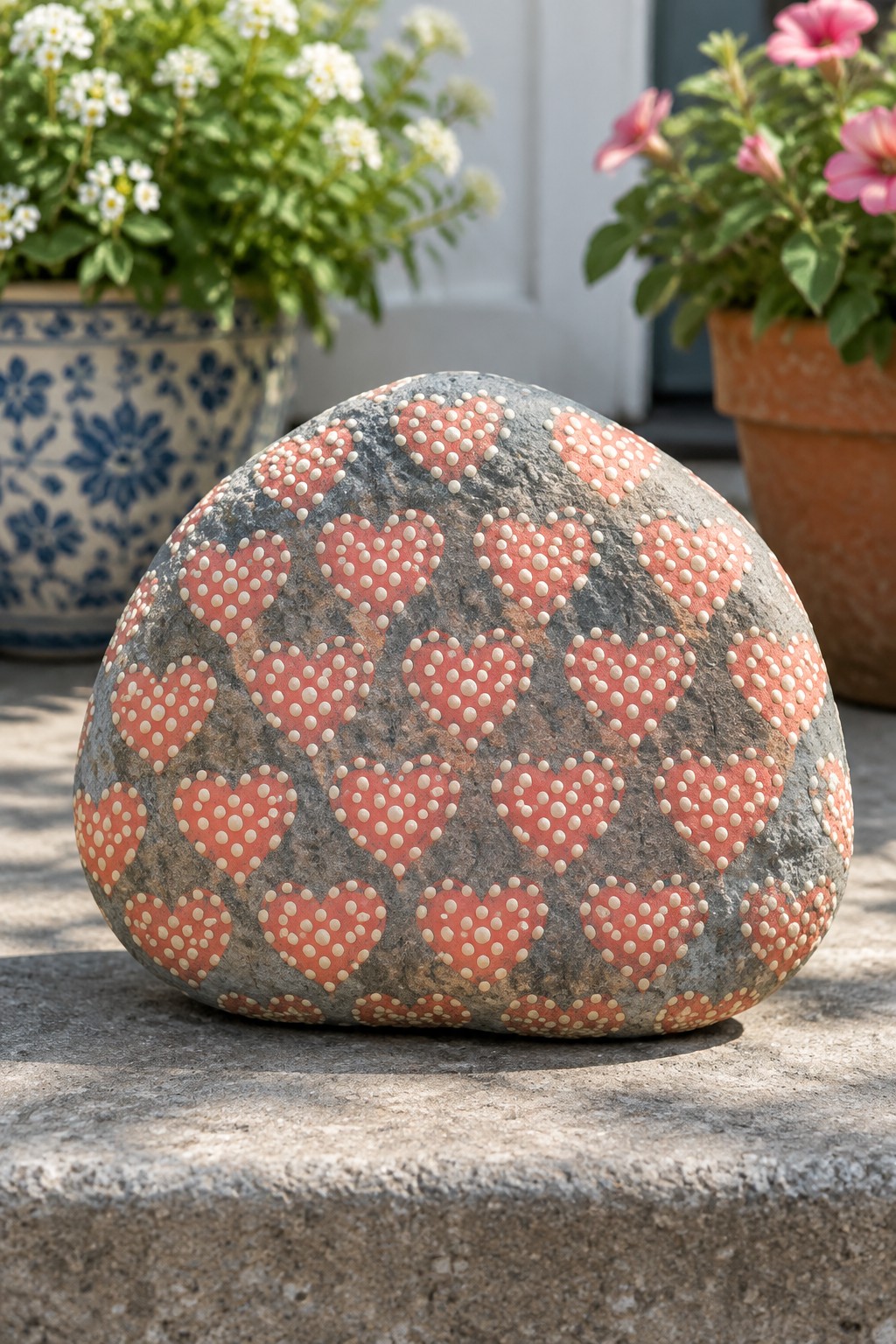 Large gray rock painted with rows of red hearts with white dots