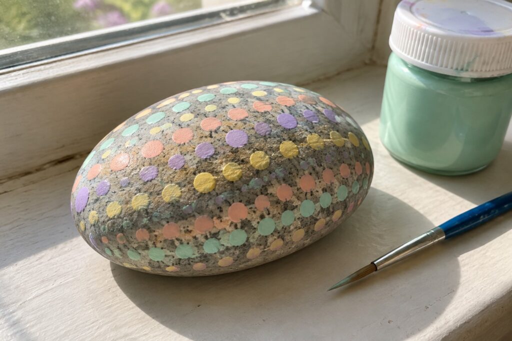 Rainbow-dotted rock beside green paint jar and brush on sunny windowsill