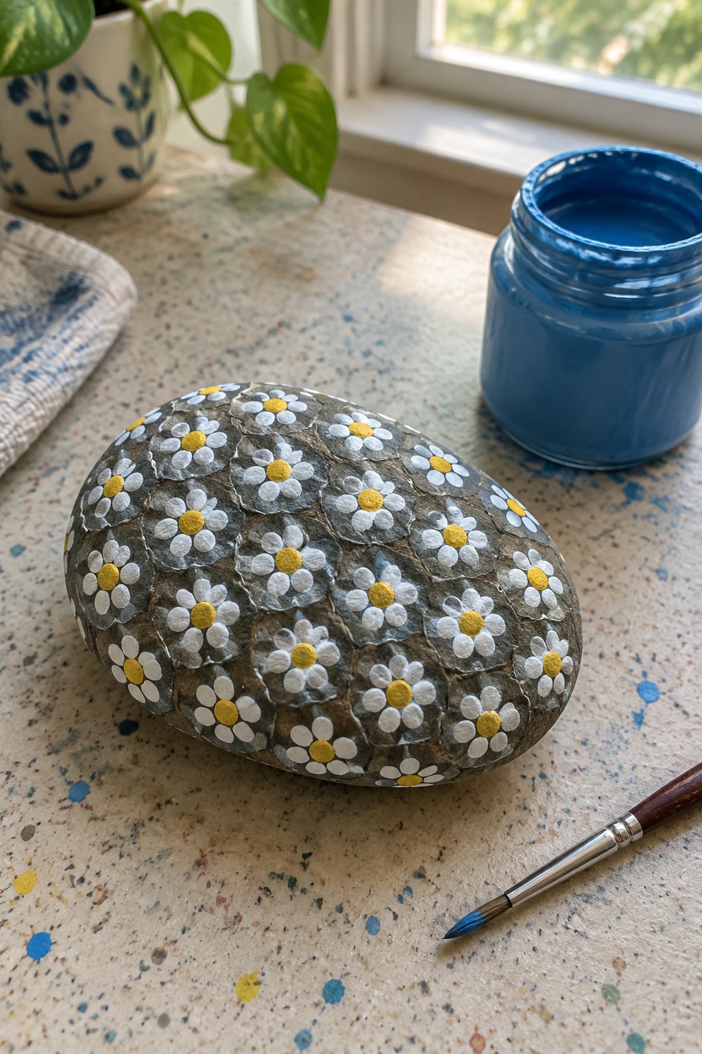 Painted rock with white daisies and yellow centers beside blue paint jar and brush.