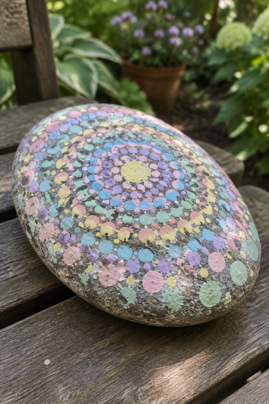 Oval rock painted with pastel multicolored dots on wooden bench outdoors