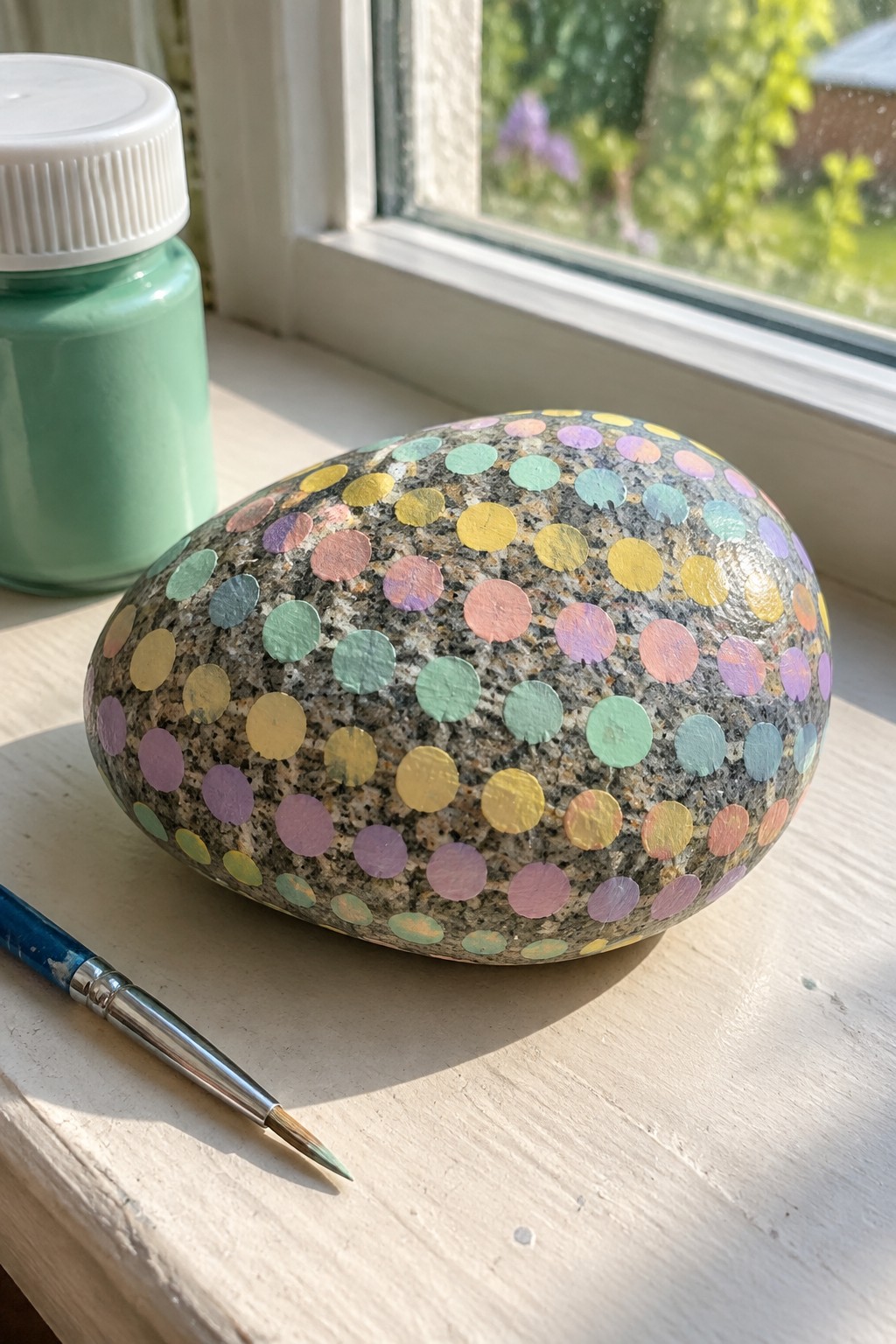 Rainbow-dotted rock beside green paint jar and brush on sunny windowsill