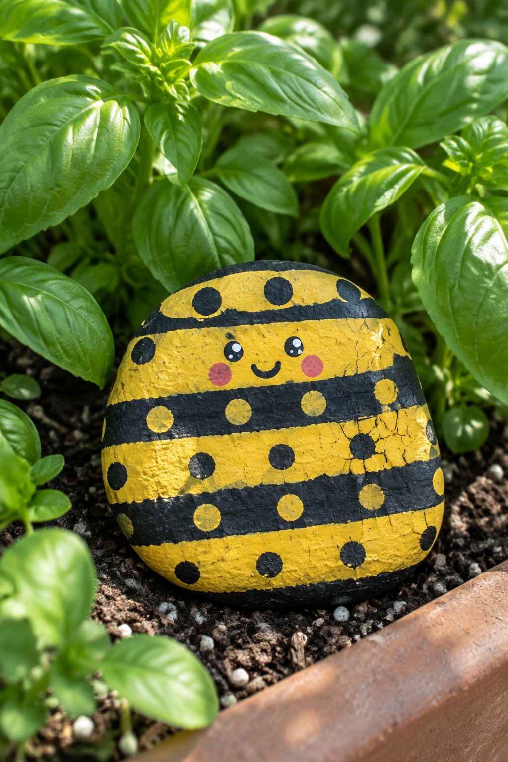 Painted rock bumblebee with yellow black stripes, dots, and smiling face in soil