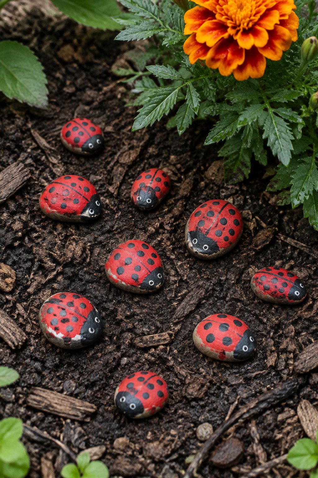 Ladybug-painted rocks scattered on soil beside orange marigold flower