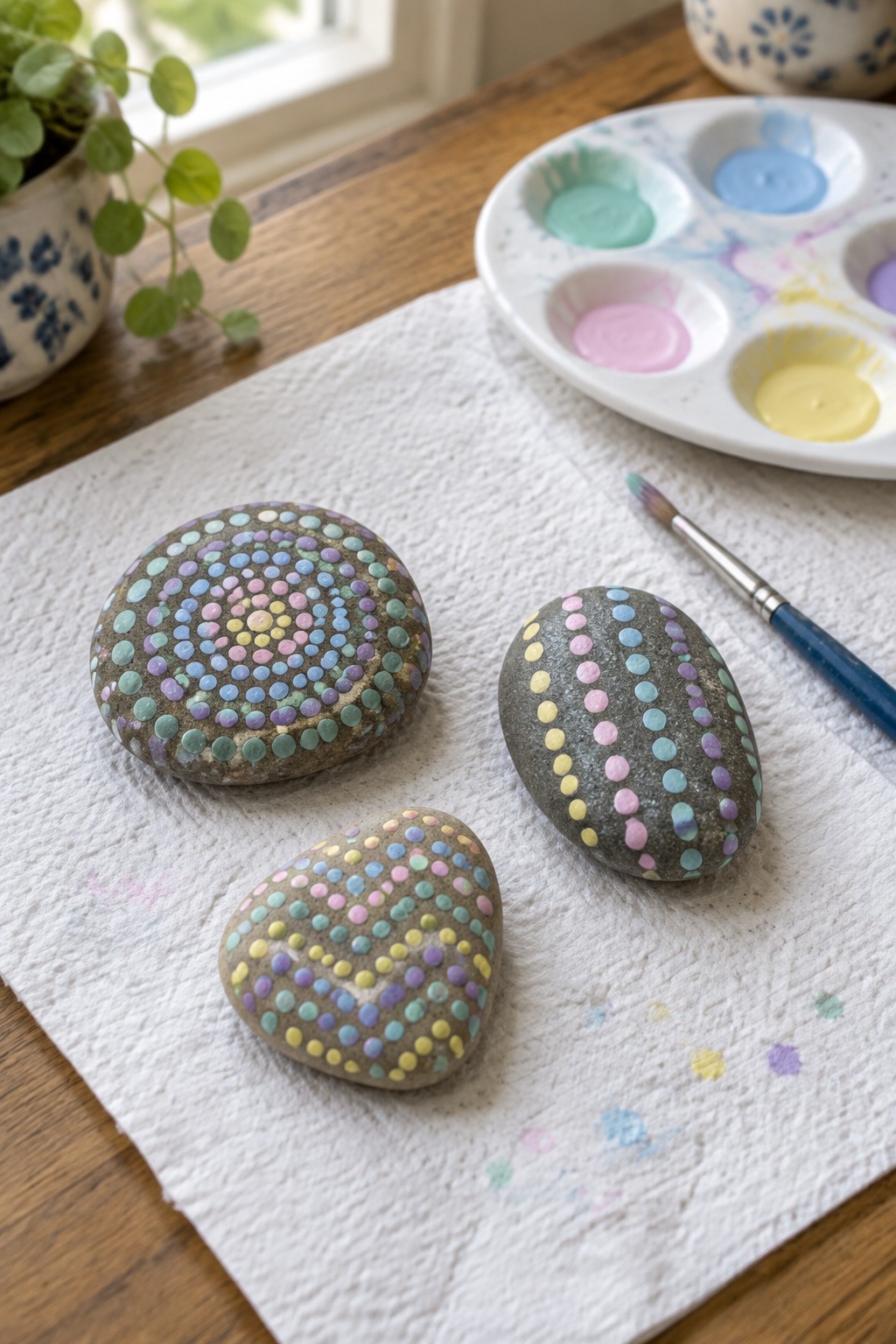 Three dot-painted rocks beside a paint palette and brush on paper towel